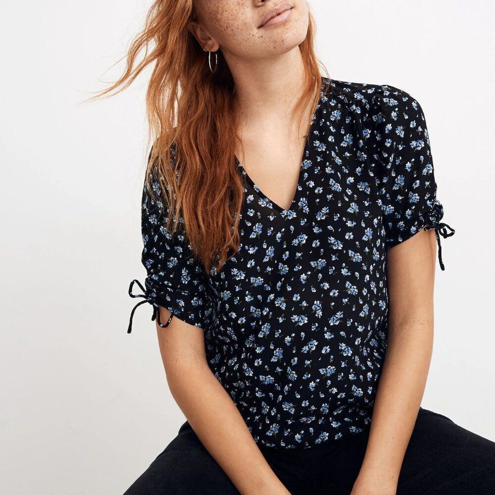 ✨MADEWELL✨ 100% Silk Cinch-Sleeve Floral Top - [Size XS]